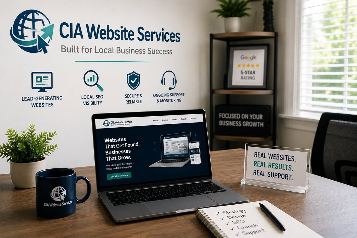 CIA Website Services office desk display featuring laptop, branded mug, and marketing materials showcasing web design and local SEO services