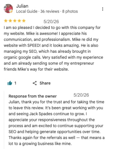 5-star review from Julian about web design services praising Mikes professionalism, speed, and SEO results with owner response