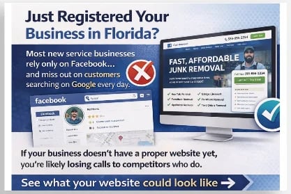 Marketing graphic showing Facebook icon with X mark and computer displaying professional website design, encouraging new businesses to build a website