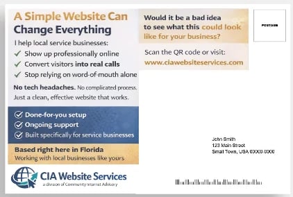 CIA Website Services marketing postcard highlighting benefits of simple websites for local businesses with QR code and contact information